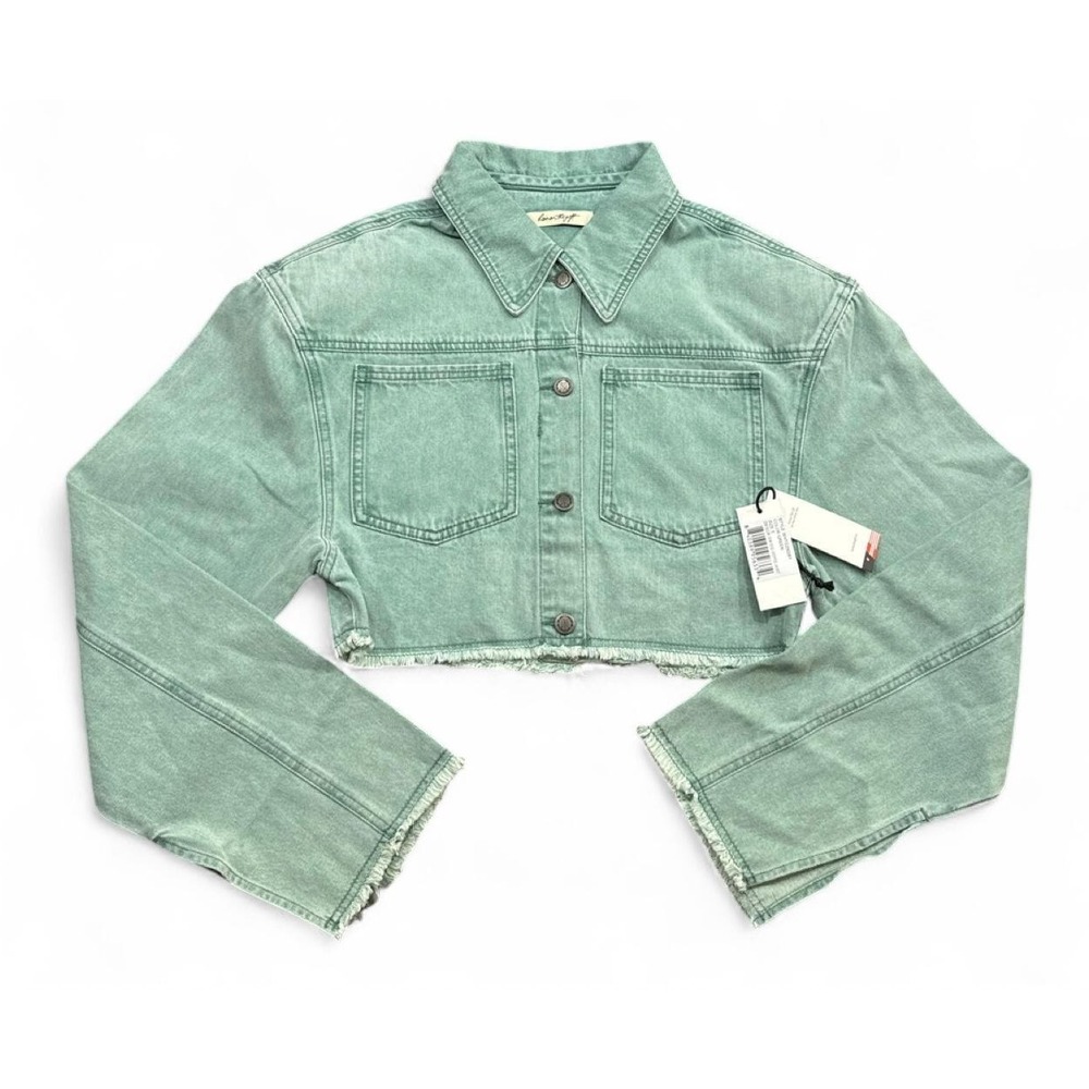 Honor The Gift Cropped Denim Trucker Jacket S Sage Green Frayed NWT